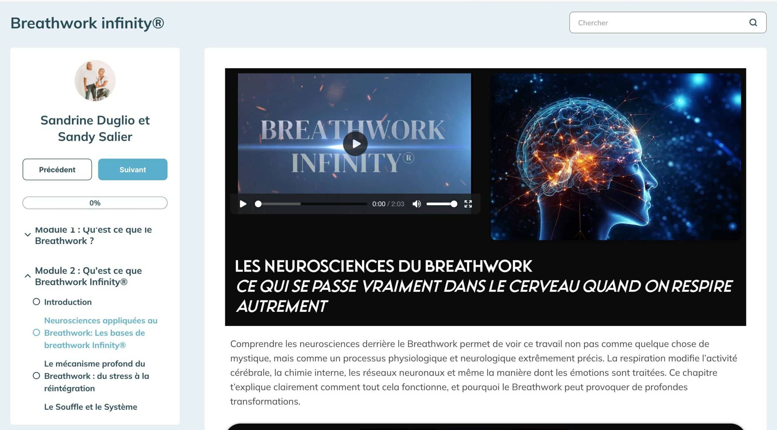 Overview of the Systeme.io platform — modules of the Breathwork Infinity® training